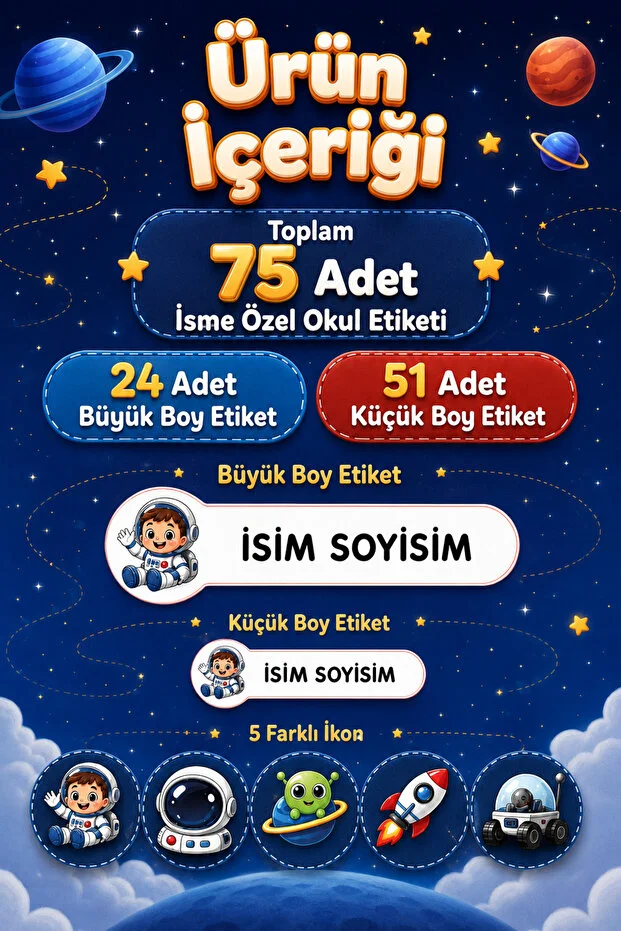 Erkek Çocuk Okul İsim Etiketi 75 Adet Uzay Astronot Temalı Defter Kitap Kalem Etiket Seti Erkek Çocuk Okul İsim Etiketi 75 Adet Uzay Astronot Temalı Defter Kitap Kalem Etiket Seti